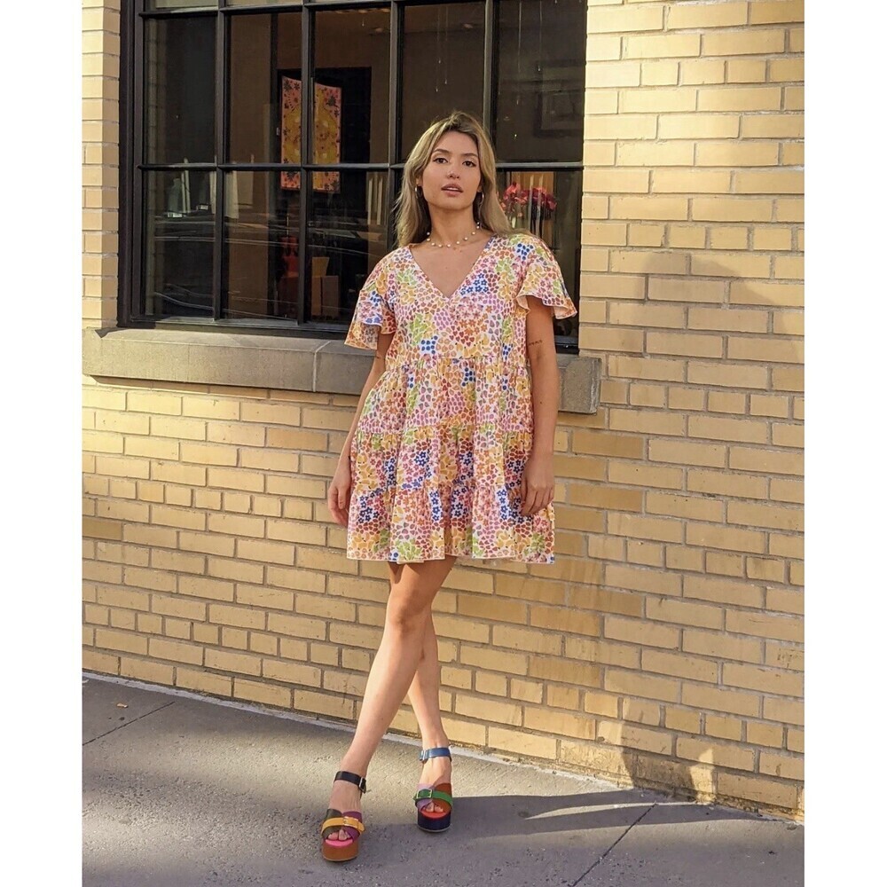 Mixed by Nasrin Multicolor Floral Fruits Tiered Mini Dress V Neck Size XXL
